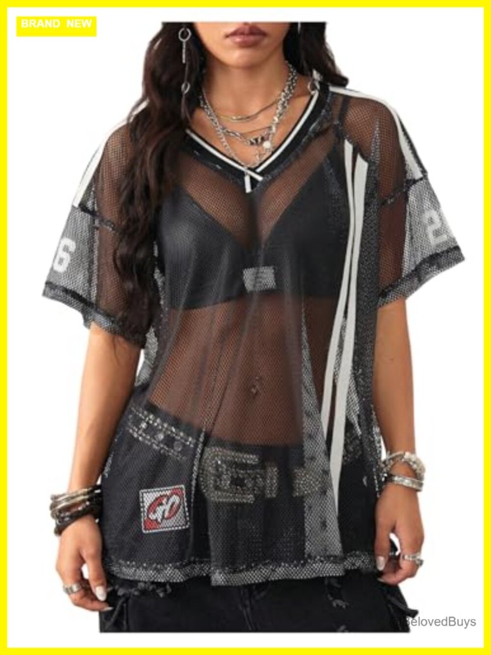 Women's Striped Sheer Mesh V-Neck Oversized Crop T-Shirt Loose Fit Party Top